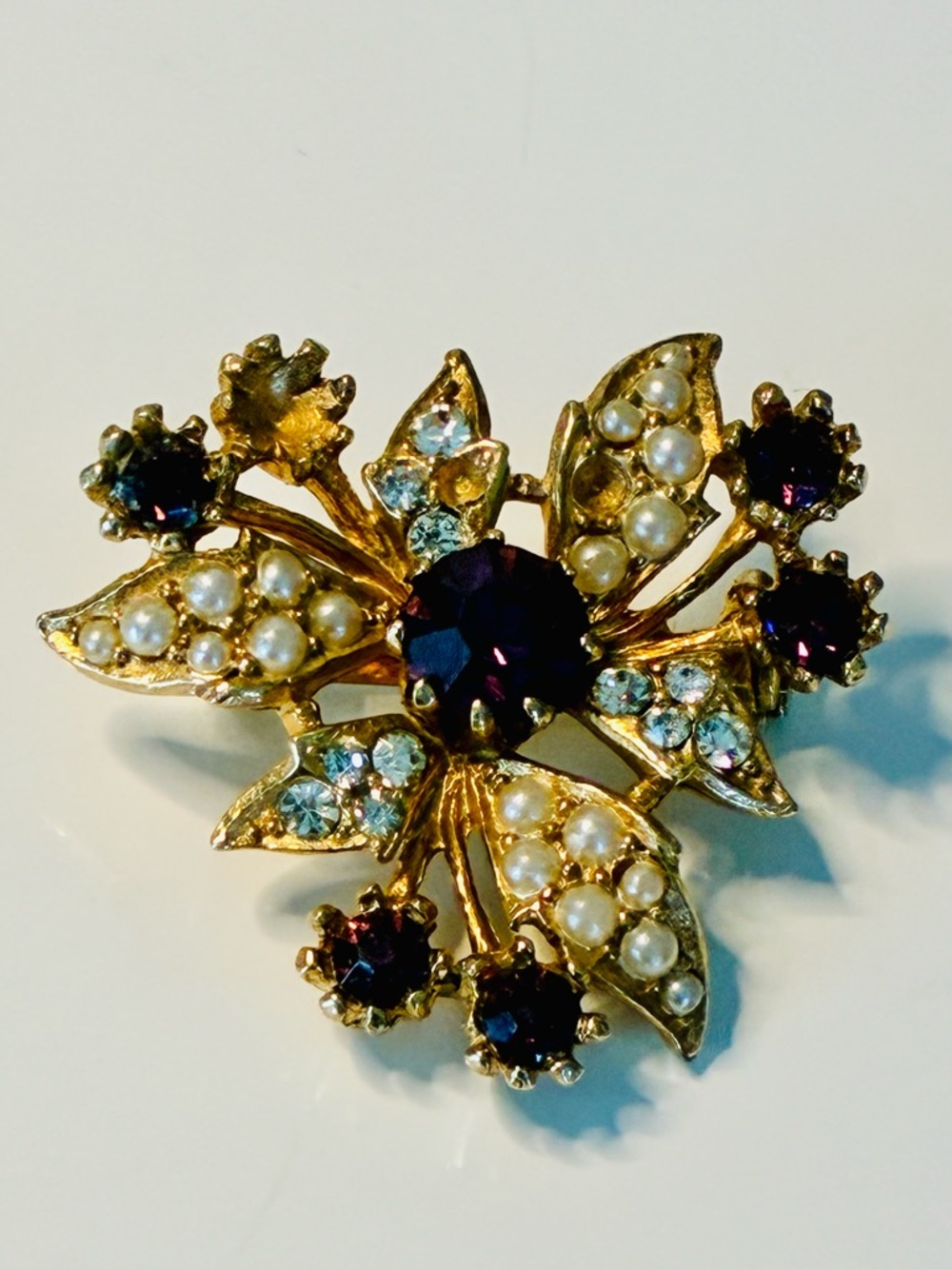 Gold-Tone Floral Brooch with Pearls & Deep Purple Austrian Crystal Stones READ
